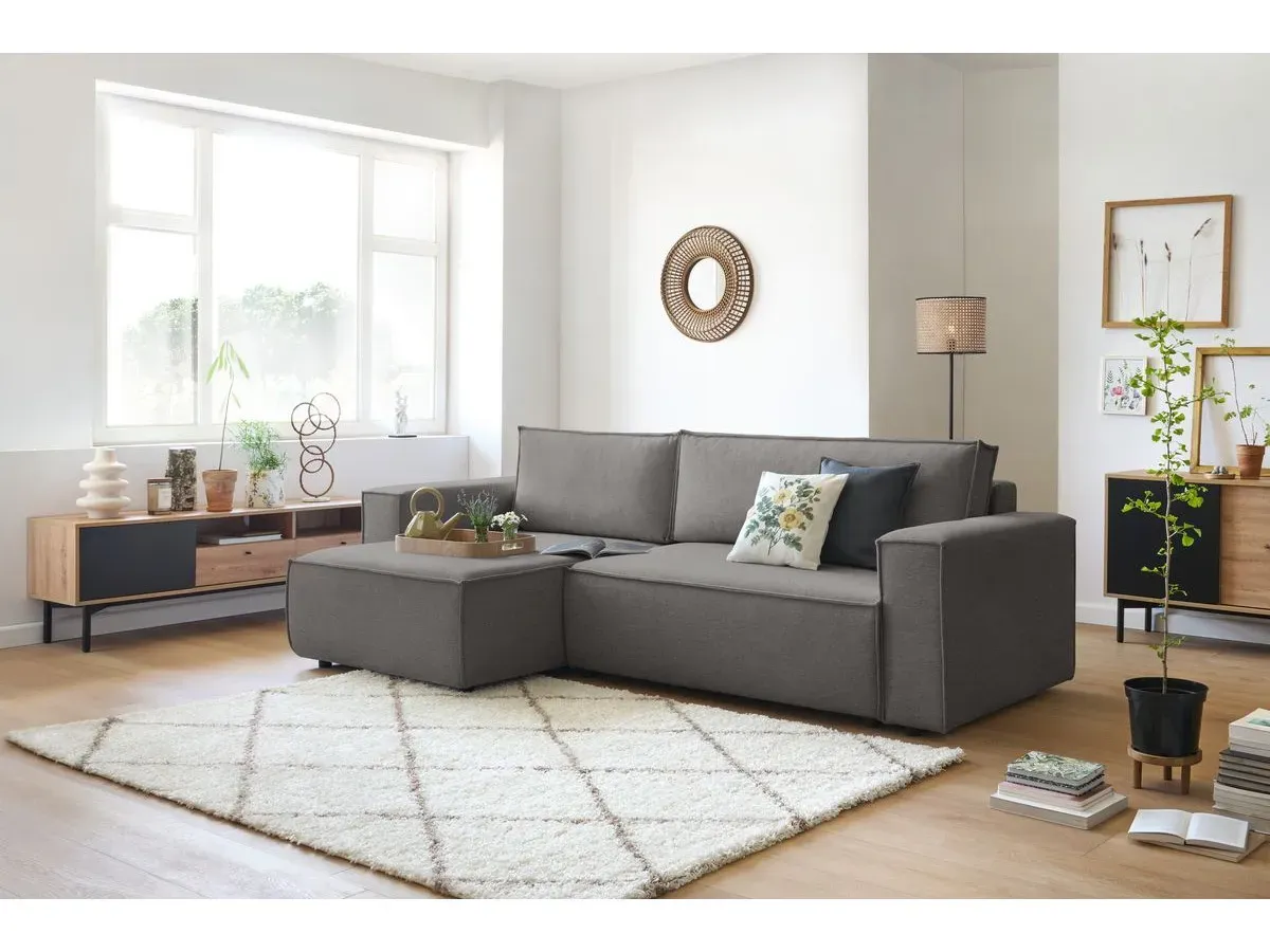 Canapé d'angle réversible convertible coffre NIHAD tissu gris foncé   BOBOCHIC 5 places