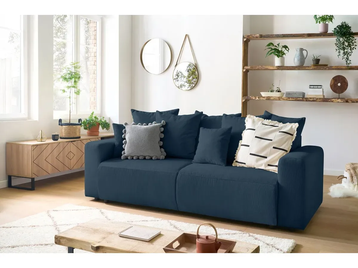 Canapé droit convertible coffre ENVY velours côtelé bleu foncé   BOBOCHIC 3 places