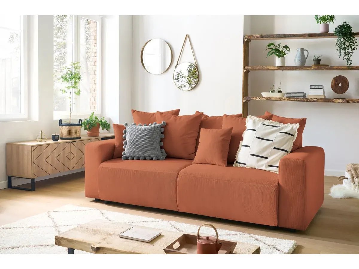 Canapé droit convertible coffre ENVY velours côtelé orange   BOBOCHIC 3 places