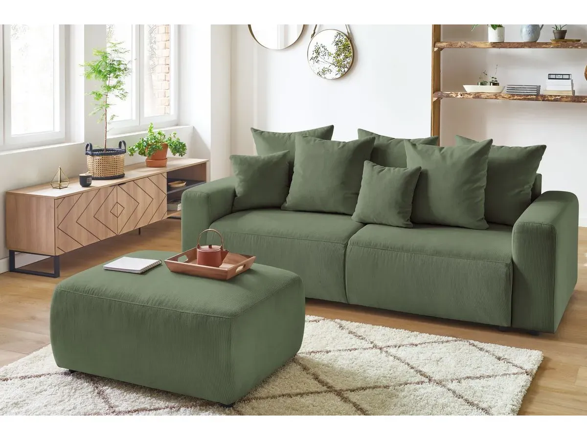Canapé droit convertible coffre ENVY velours côtelé avec pouf vert   BOBOCHIC 3 places