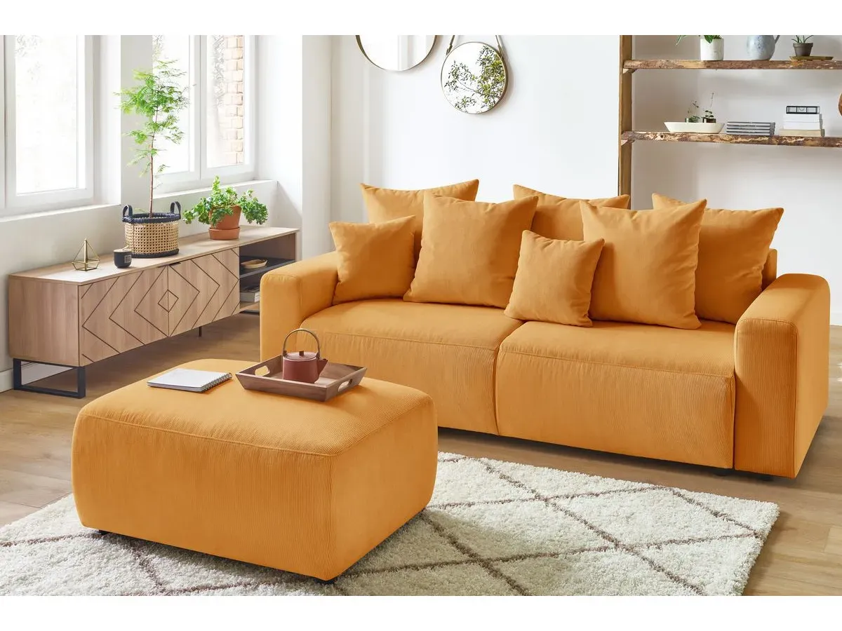 Canapé droit convertible coffre ENVY velours côtelé avec pouf jaune   BOBOCHIC 3 places