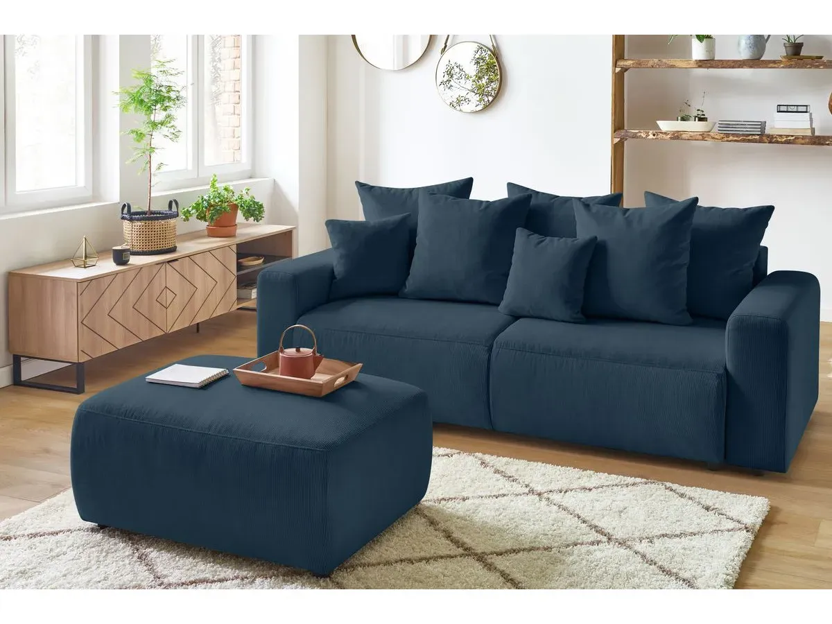 Canapé droit convertible coffre ENVY velours côtelé avec pouf bleu foncé   BOBOCHIC 3 places