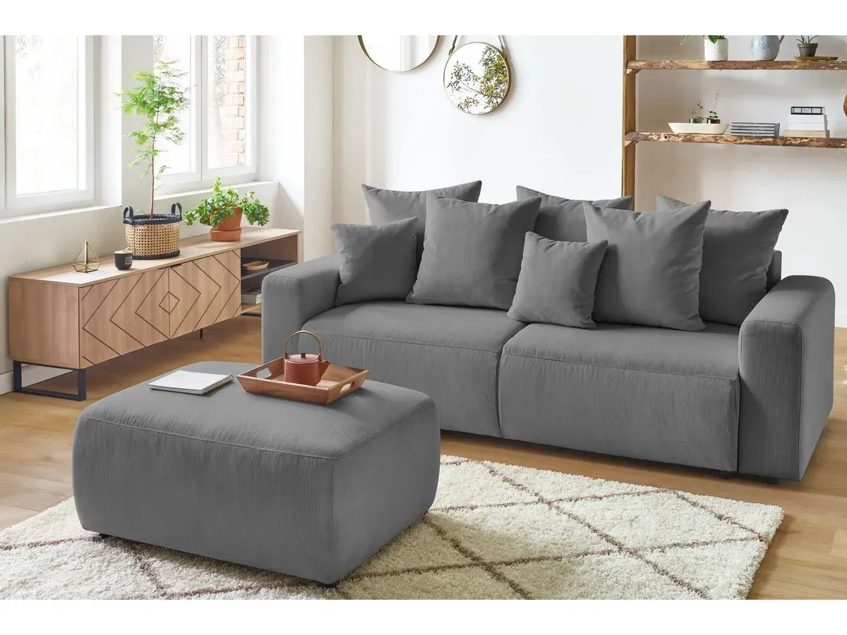 Canapé droit convertible coffre ENVY velours côtelé avec pouf gris foncé   BOBOCHIC 3 places