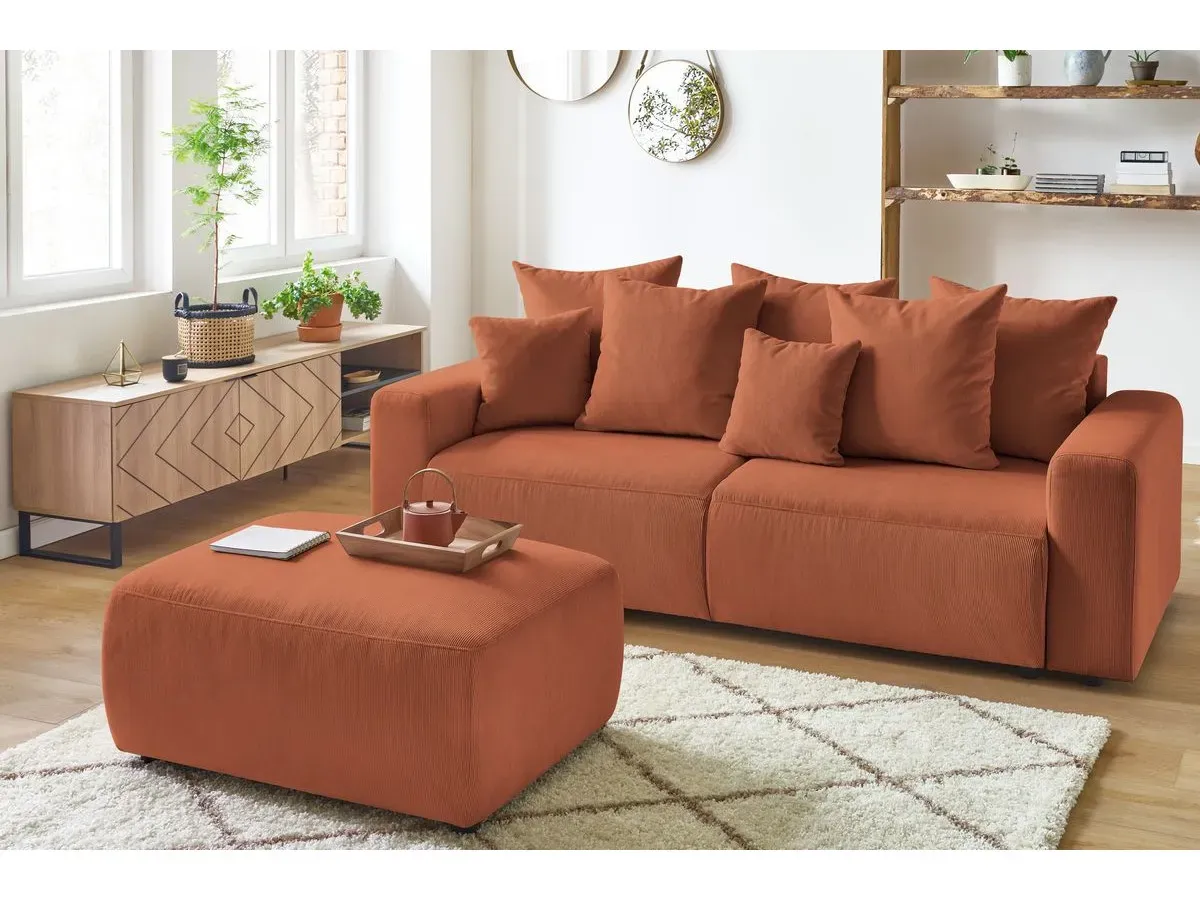 Canapé droit convertible coffre ENVY velours côtelé avec pouf orange   BOBOCHIC 3 places