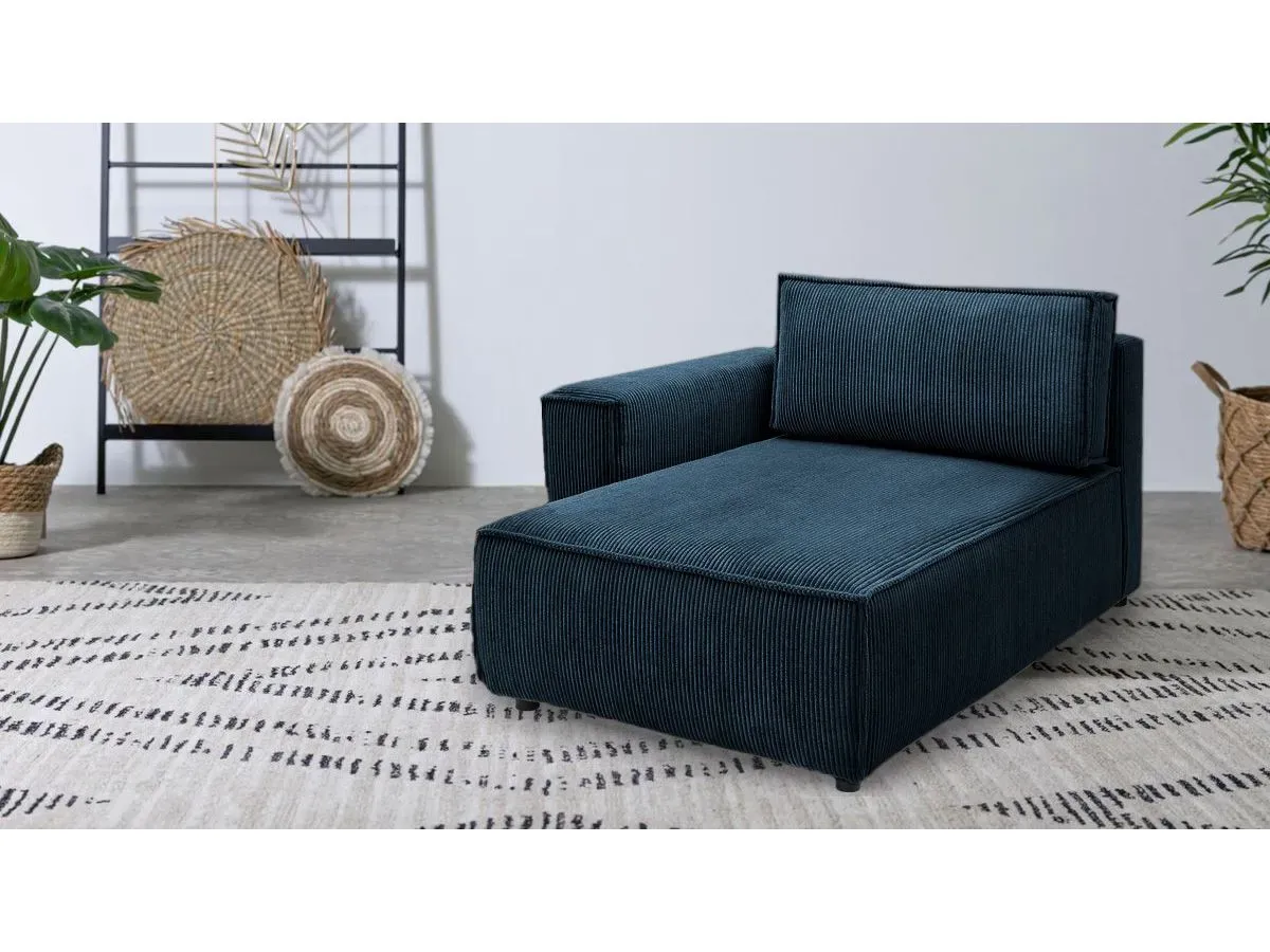 Méridienne avec accoudoir pour canapé modulable NIHAD tissu velours côtelé bleu foncé  angle gauche BOBOCHIC 1 places
