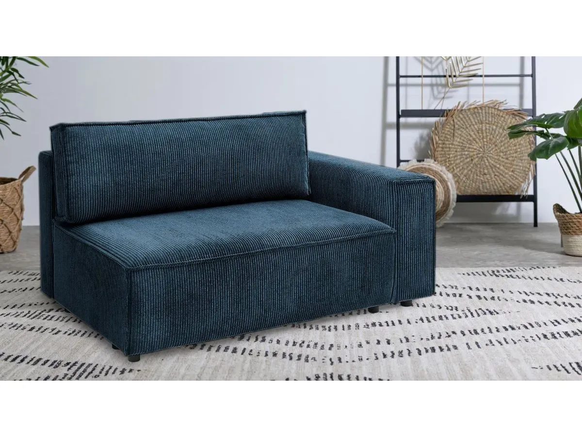 Chauffeuse 2 places avec accoudoir pour canapé modulable NIHAD tissu velours côtelé bleu foncé  angle droit BOBOCHIC 2 places