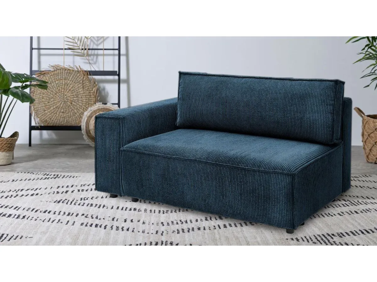 Chauffeuse 2 places avec accoudoir pour canapé modulable NIHAD tissu velours côtelé bleu foncé  angle gauche BOBOCHIC 2 places