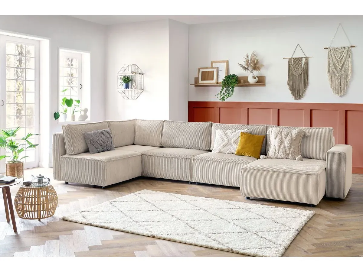 Canapé d'angle fixe modulable XL NIHAD tissu velours côtelé beige  angle droit BOBOCHIC 6 places