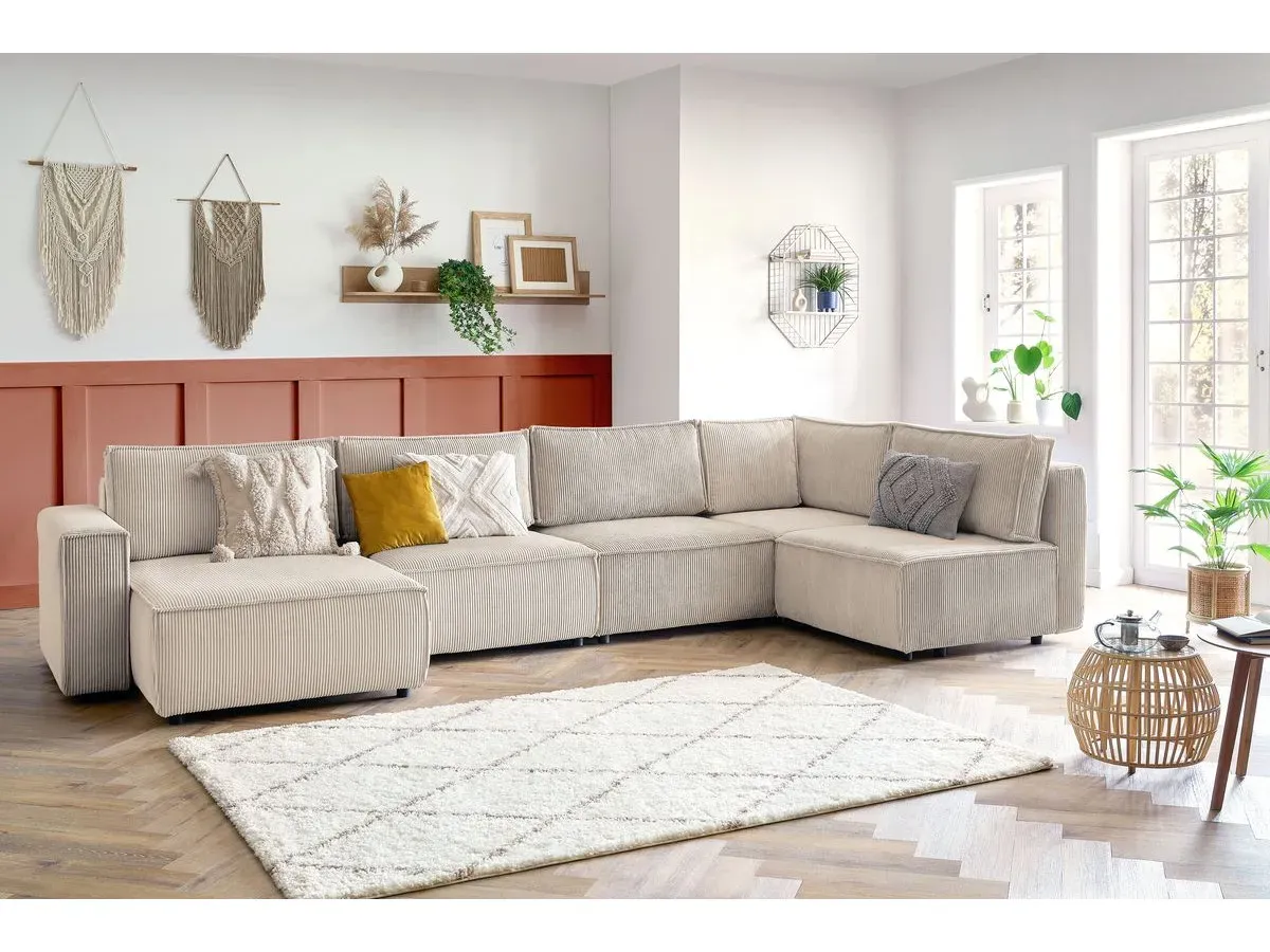 Canapé d'angle fixe modulable XL NIHAD tissu velours côtelé beige  angle gauche BOBOCHIC 6 places