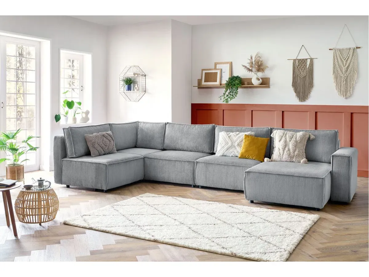 Canapé d'angle fixe modulable XL NIHAD tissu velours côtelé gris clair  angle droit BOBOCHIC 6 places