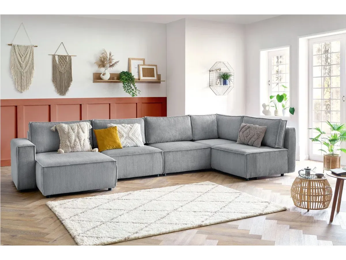 Canapé d'angle fixe modulable XL NIHAD tissu velours côtelé gris clair  angle gauche BOBOCHIC 6 places