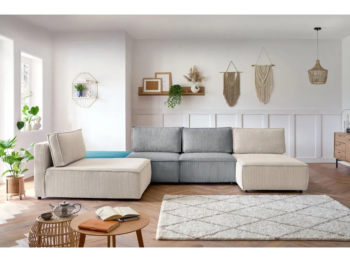 Canapé d'angle fixe 100% modulable NIHAD tissu velours côtelé 2 chauffeuses, 1 pouf et 2 méridiennes multicolore   BOBOCHIC 6 places
