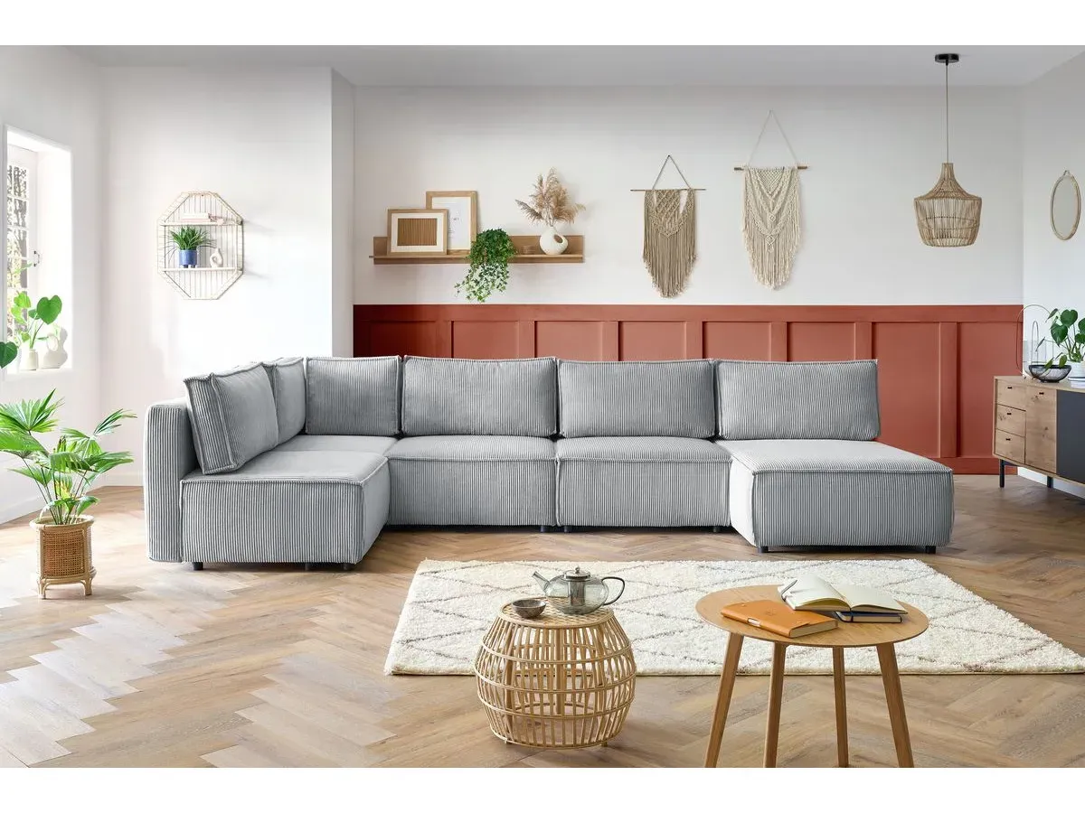 Canapé d'angle fixe 100% modulable NIHAD tissu velours côtelé 3 chauffeuses, 1 angle et 1 méridienne gris clair   BOBOCHIC 6 places