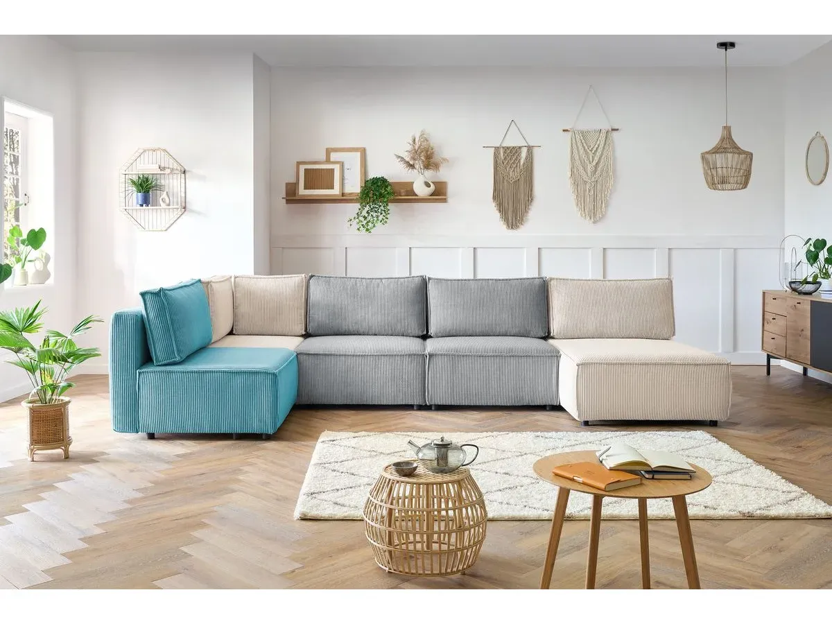 Canapé d'angle fixe 100% modulable NIHAD tissu velours côtelé 3 chauffeuses, 1 angle et 1 méridienne multicolore   BOBOCHIC 6 places