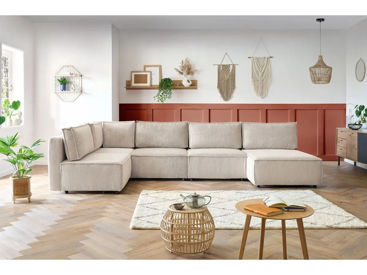 Canapé d'angle fixe 100% modulable NIHAD tissu velours côtelé 3 chauffeuses, 1 angle et 1 méridienne beige   BOBOCHIC 6 places