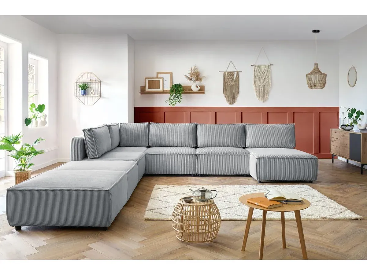 Canapé panoramique fixe 100% modulable NIHAD tissu velours côtelé 3 chauffeuses, 1 angle, 1 méridienne et 2 gris clair  panoramique BOBOCHIC 8 places