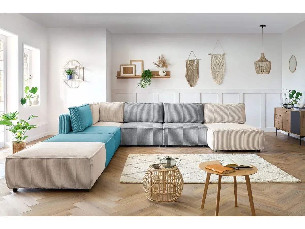 Canapé panoramique fixe 100% modulable NIHAD tissu velours côtelé 3 chauffeuses, 1 angle, 1 méridienne et 2 multicolore  panoramique BOBOCHIC 8 places