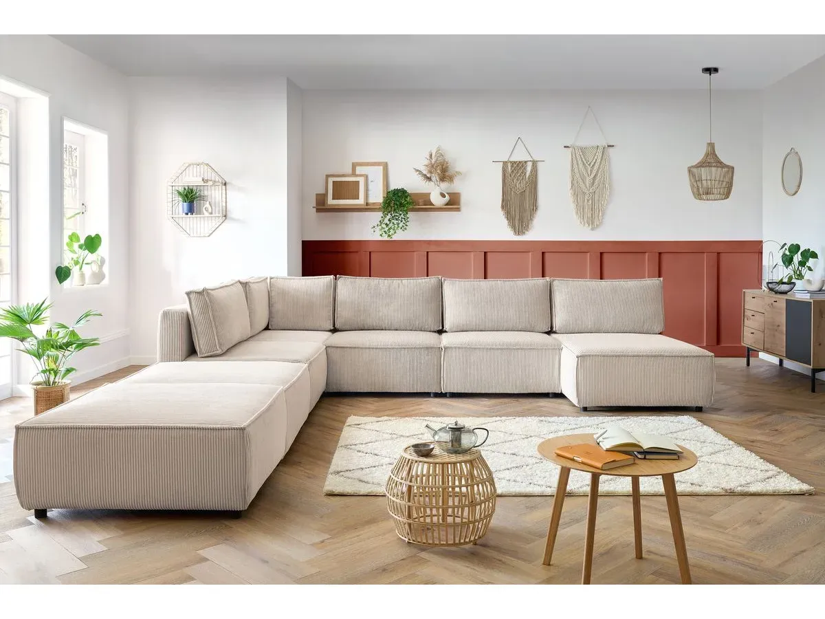 Canapé panoramique fixe 100% modulable NIHAD tissu velours côtelé 3 chauffeuses, 1 angle, 1 méridienne et 2 beige  panoramique BOBOCHIC 8 places