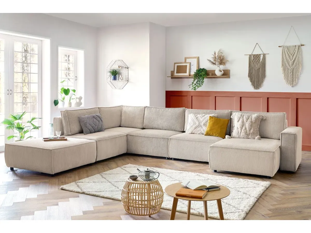 Canapé d'angle fixe modulable XL NIHAD tissu velours côtelé avec pouf beige  angle droit BOBOCHIC 7 places
