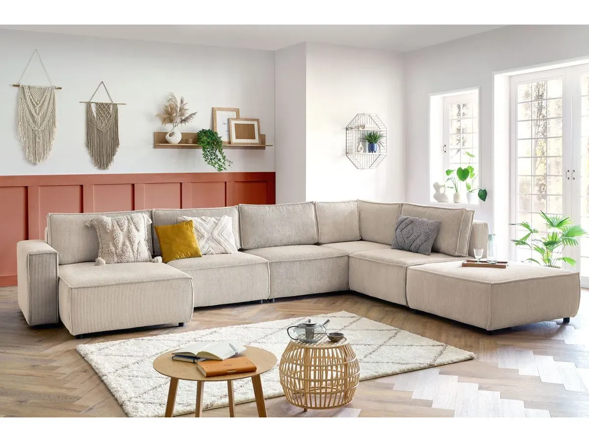 Canapé d'angle fixe modulable XL NIHAD tissu velours côtelé avec pouf beige  angle gauche BOBOCHIC 7 places