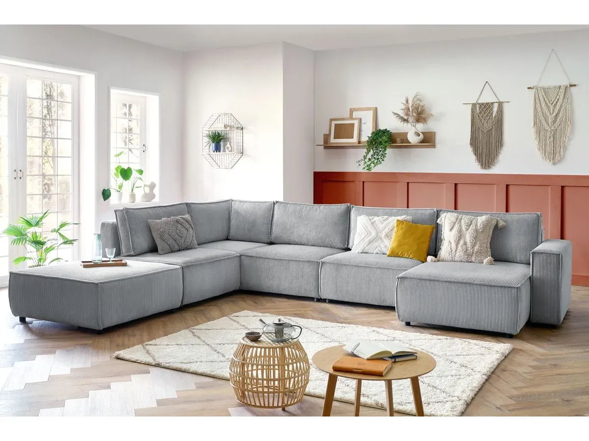 Canapé d'angle fixe modulable XL NIHAD tissu velours côtelé avec pouf gris clair  angle droit BOBOCHIC 7 places