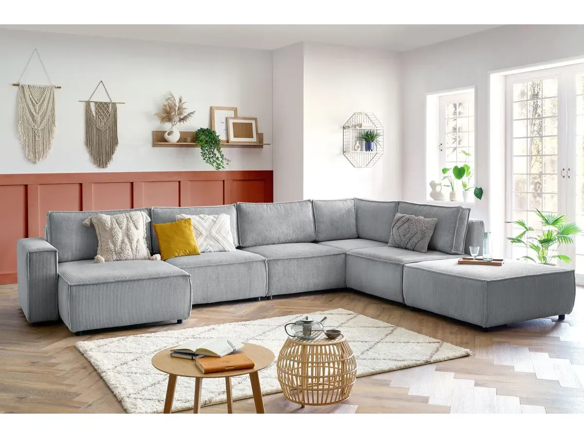 Canapé d'angle fixe modulable XL NIHAD tissu velours côtelé avec pouf gris clair  angle gauche BOBOCHIC 7 places