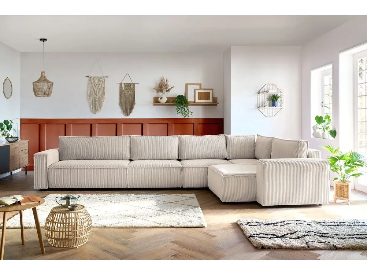 Canapé d'angle fixe modulable XL NIHAD tissu velours côtelé avec chauffeuse 2 places beige  angle droit BOBOCHIC 6 places
