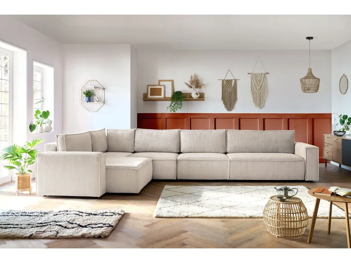 Canapé d'angle fixe modulable XL NIHAD tissu velours côtelé avec chauffeuse 2 places beige  angle gauche BOBOCHIC 6 places
