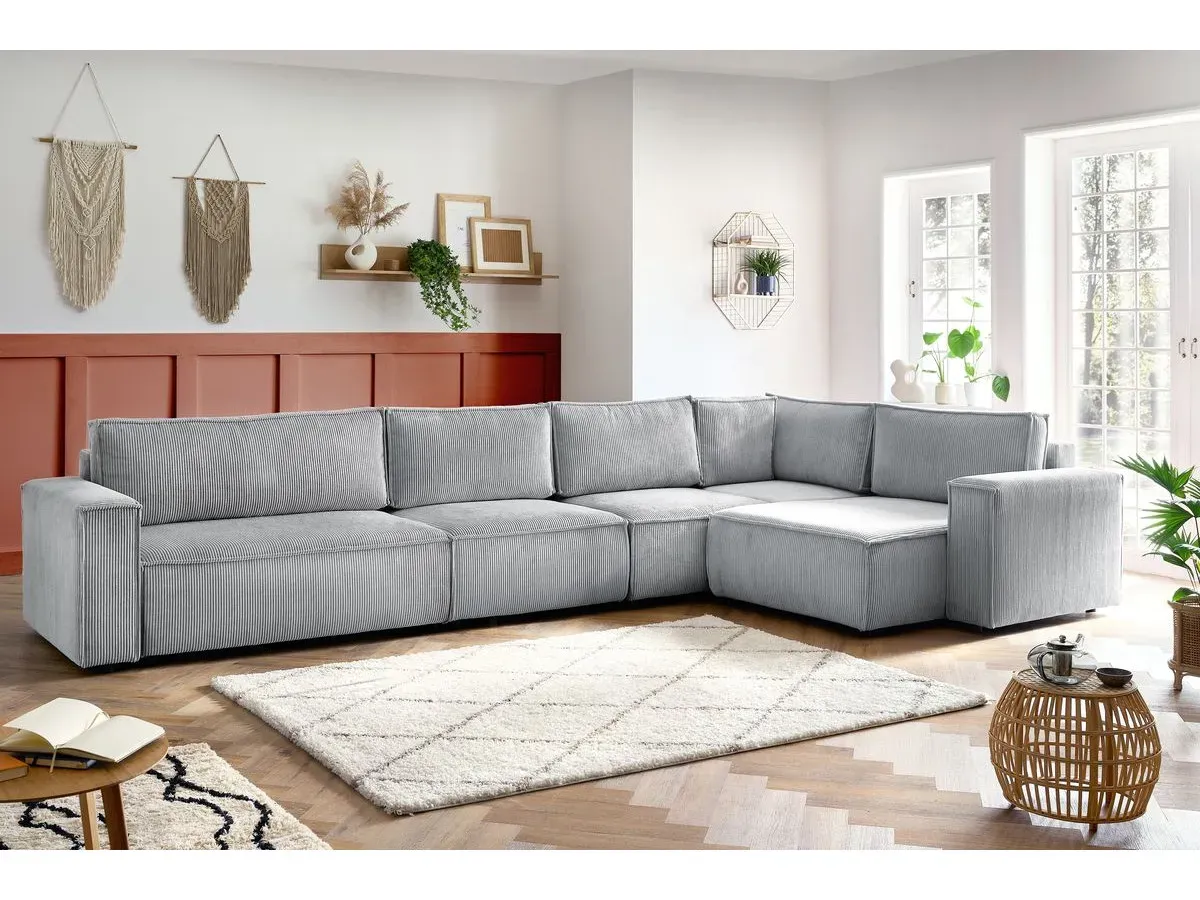 Canapé d'angle fixe modulable XL NIHAD tissu velours côtelé avec chauffeuse 2 places gris clair  angle droit BOBOCHIC 6 places