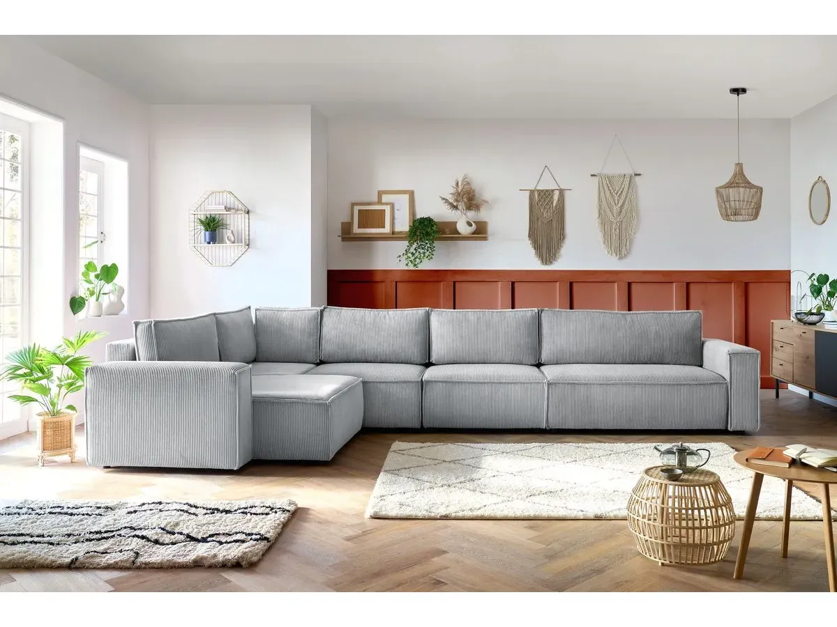 Canapé d'angle fixe modulable XL NIHAD tissu velours côtelé avec chauffeuse 2 places gris clair  angle gauche BOBOCHIC 6 places