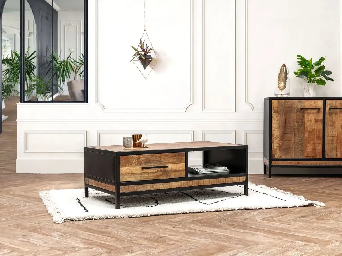 Table basse 1 tiroir BEAUBOURG bois massif de manguier    BOBOCHIC