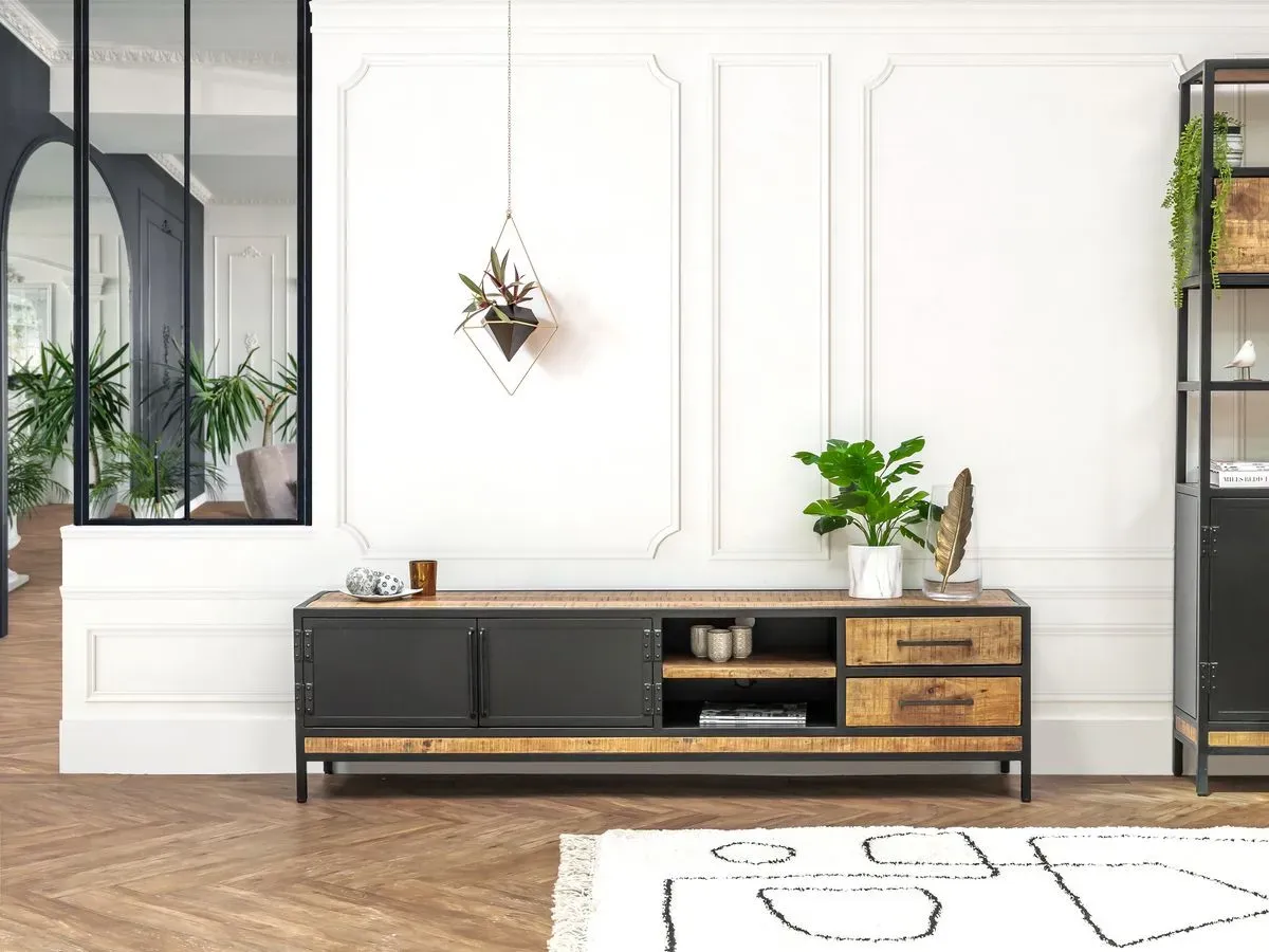 Meuble TV 190 cm BEAUBOURG bois massif de manguier    BOBOCHIC