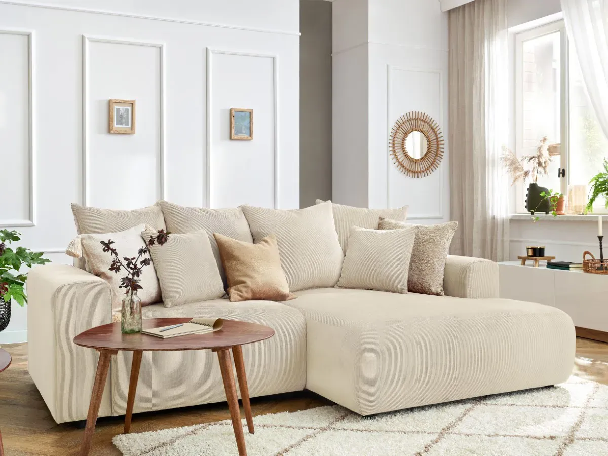 Canapé d'angle fixe ENJOY Velours côtelé beige  angle droit BOBOCHIC 3 places