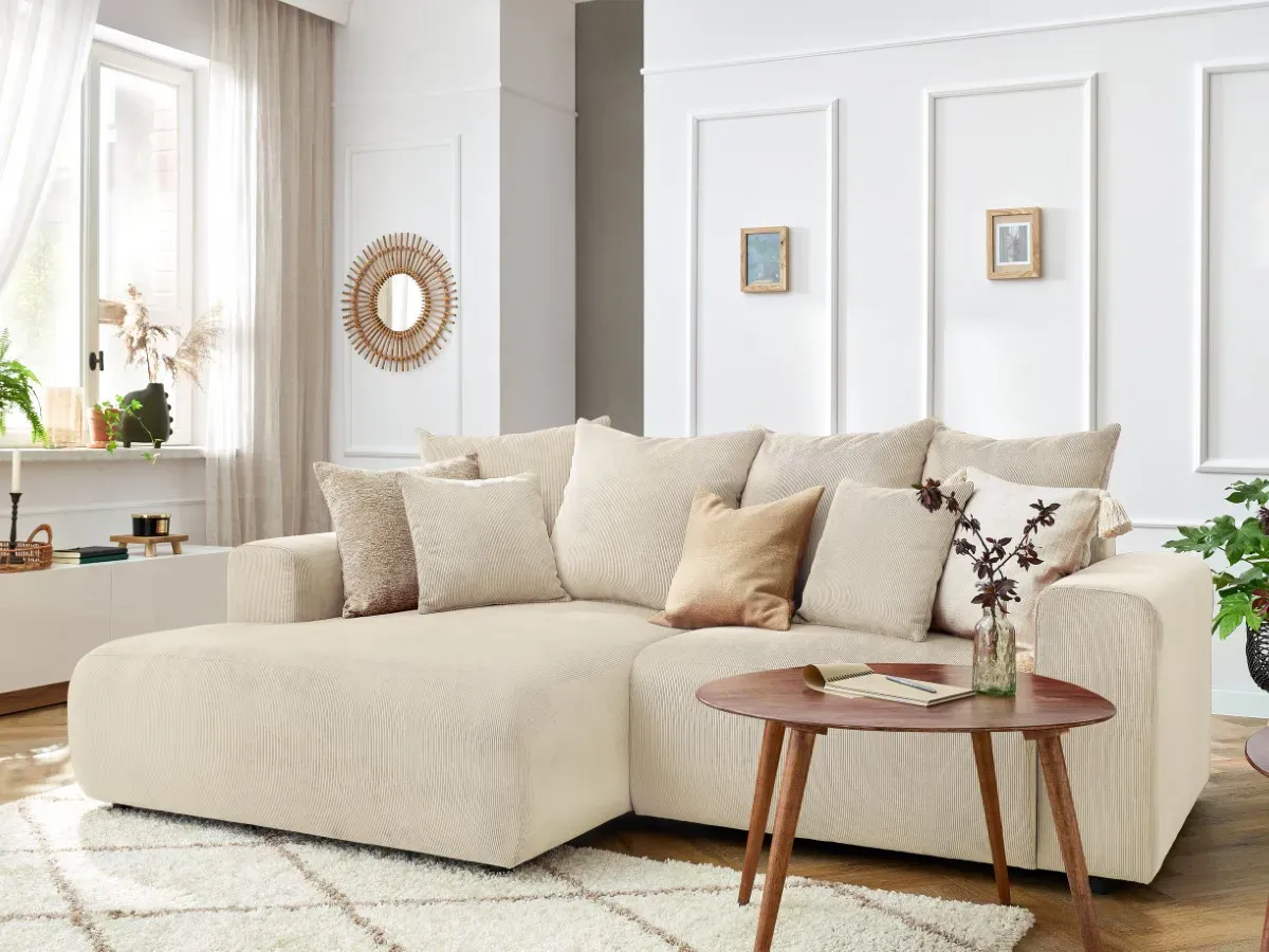 Canapé d'angle fixe ENJOY Velours côtelé beige  angle gauche BOBOCHIC 3 places