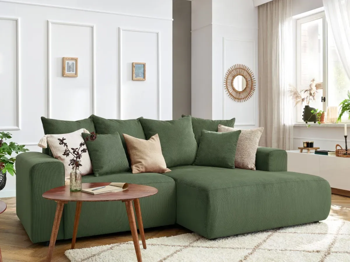 Canapé d'angle fixe ENJOY Velours côtelé vert  angle droit BOBOCHIC 3 places