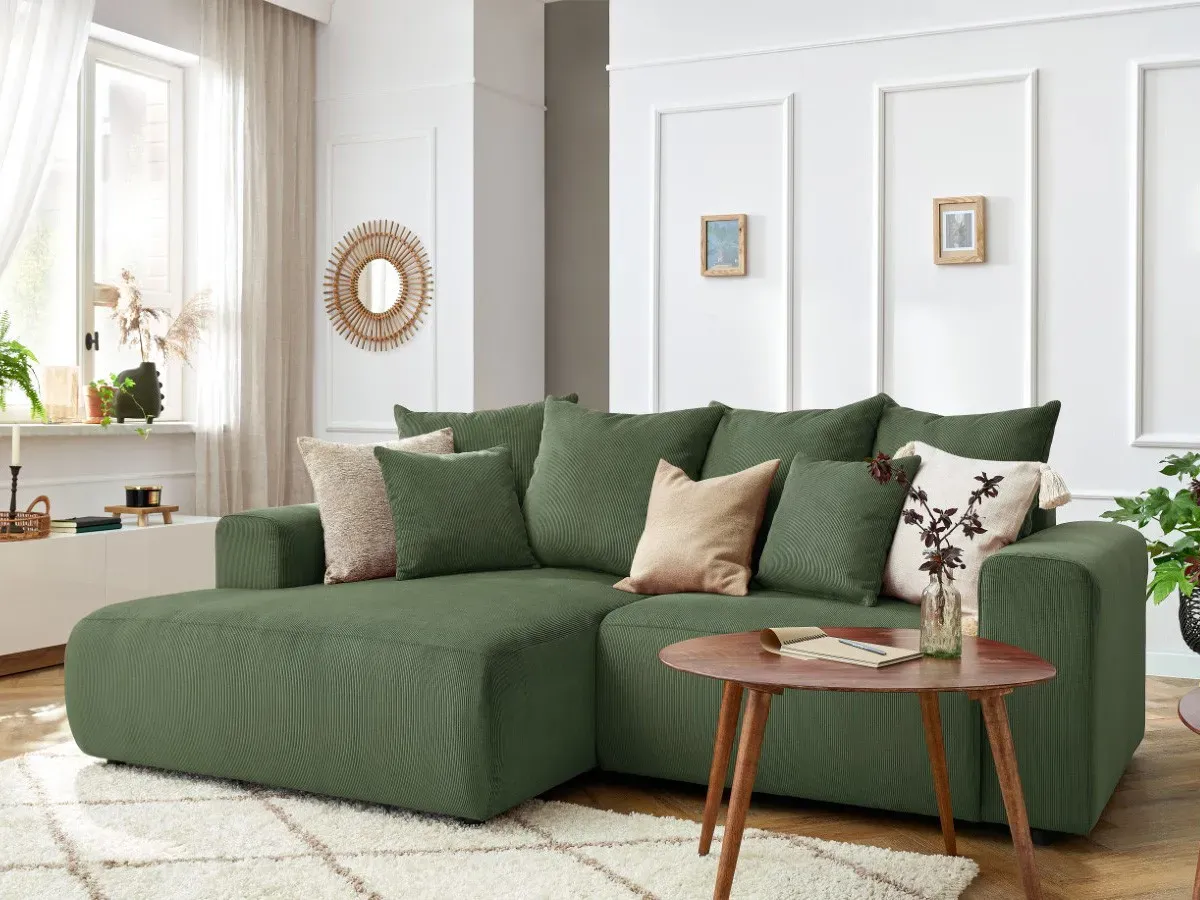 Canapé d'angle fixe ENJOY Velours côtelé vert  angle gauche BOBOCHIC 3 places