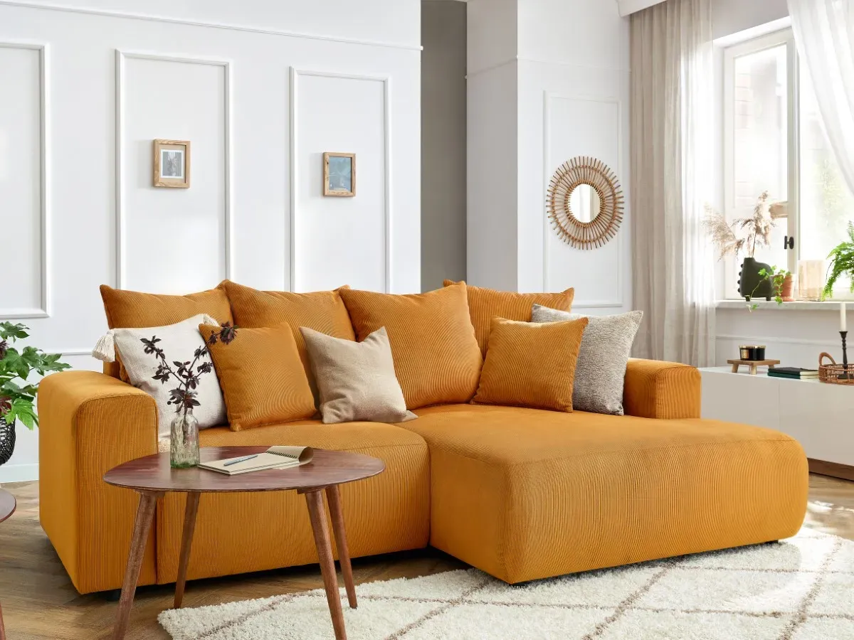 Canapé d'angle fixe ENJOY Velours côtelé jaune  angle droit BOBOCHIC 3 places