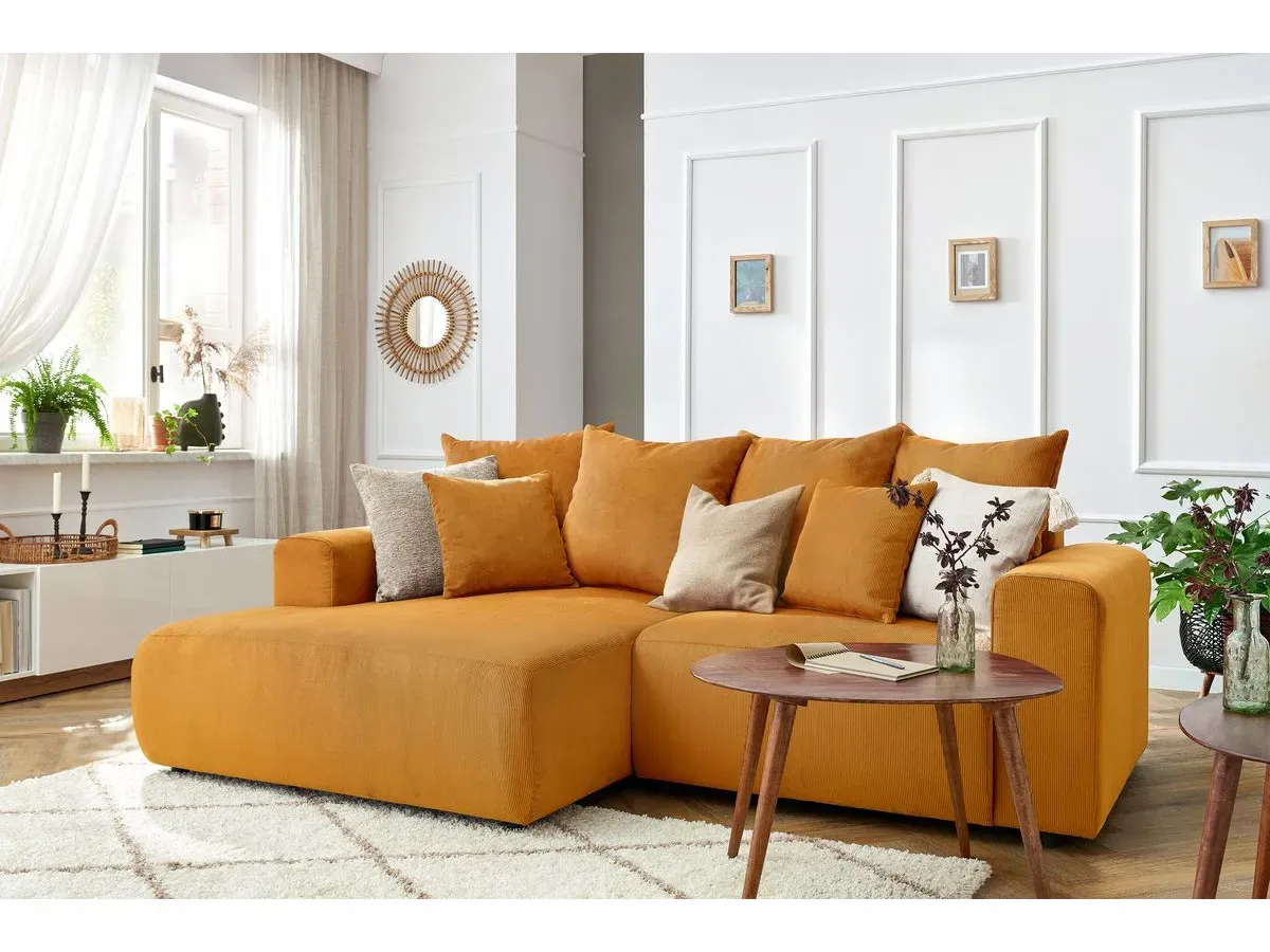 Canapé d'angle fixe ENJOY Velours côtelé jaune  angle gauche BOBOCHIC 3 places