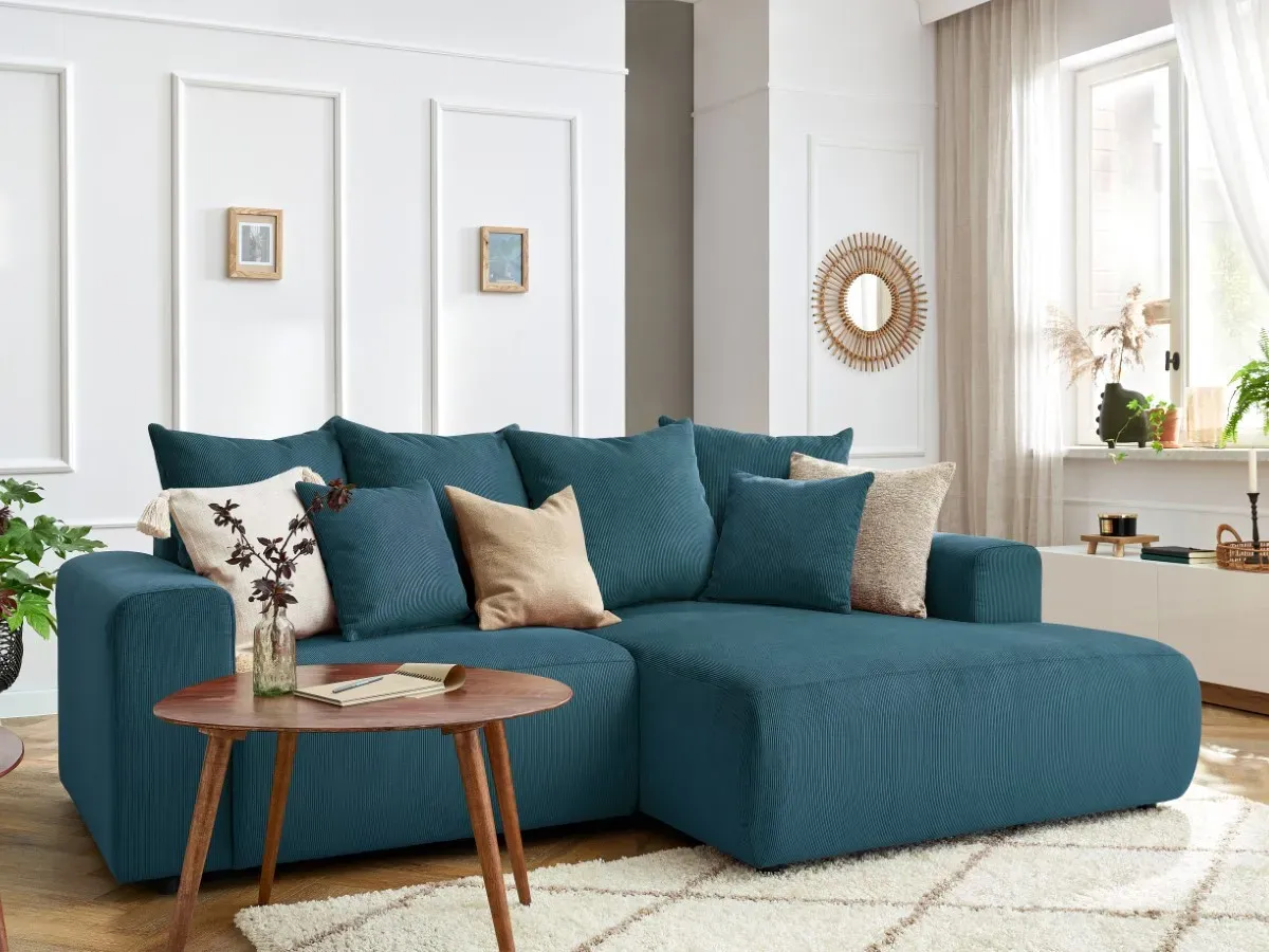 Canapé d'angle fixe ENJOY Velours côtelé bleu foncé  angle droit BOBOCHIC 3 places