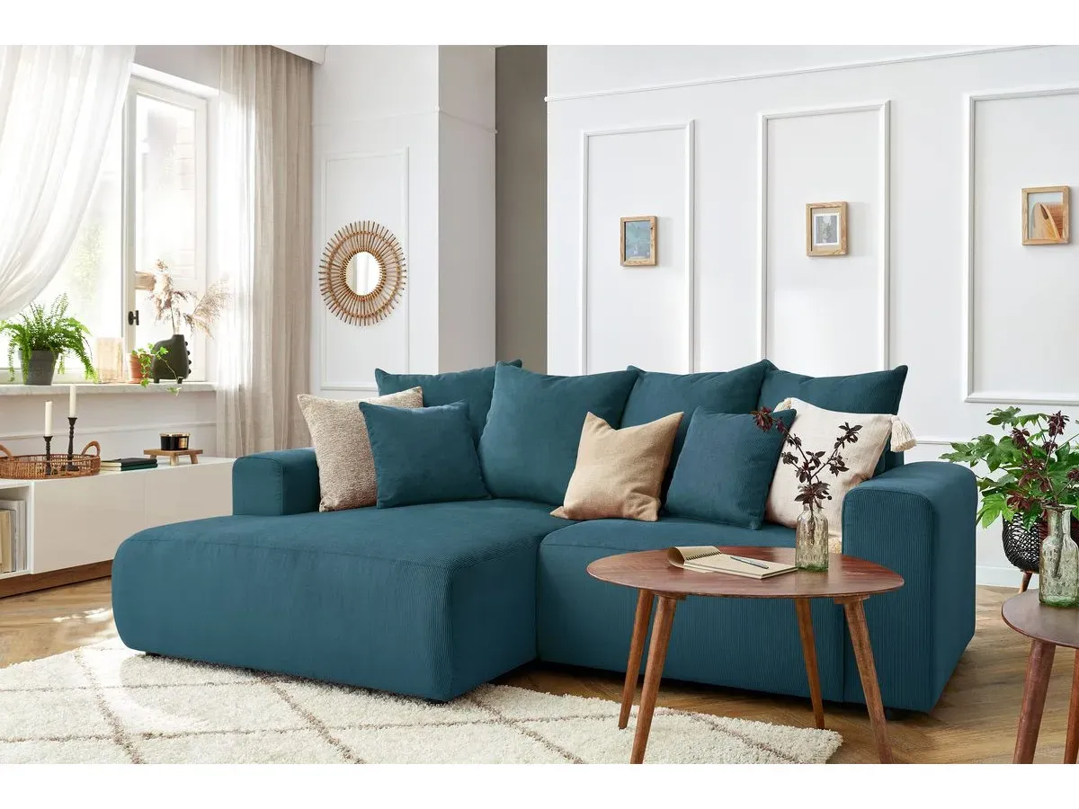 Canapé d'angle fixe ENJOY Velours côtelé bleu foncé  angle gauche BOBOCHIC 3 places