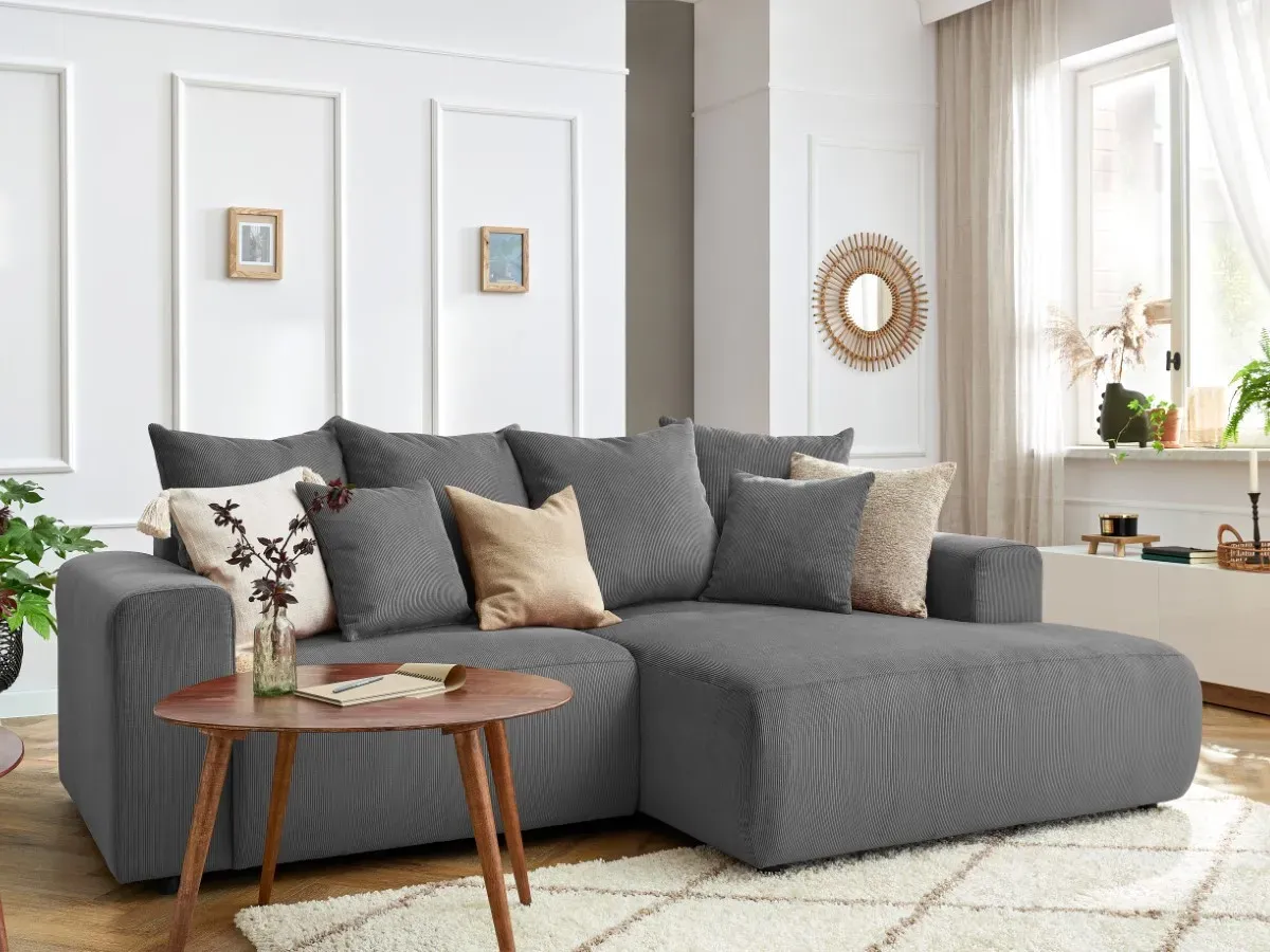 Canapé d'angle fixe ENJOY Velours côtelé gris foncé  angle droit BOBOCHIC 3 places