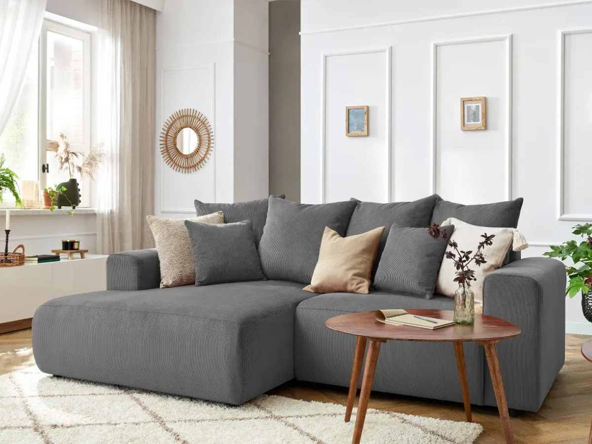 Canapé d'angle fixe ENJOY Velours côtelé gris foncé  angle gauche BOBOCHIC 3 places