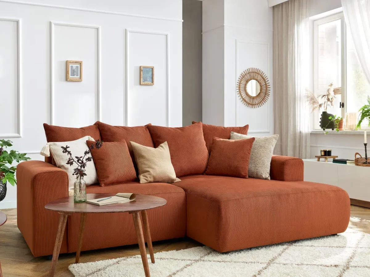 Canapé d'angle fixe ENJOY Velours côtelé orange  angle droit BOBOCHIC 3 places