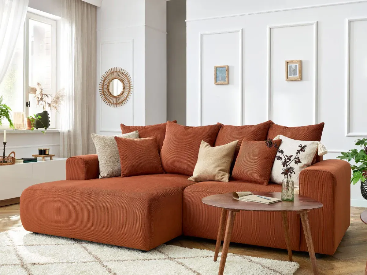 Canapé d'angle fixe ENJOY Velours côtelé orange  angle gauche BOBOCHIC 3 places