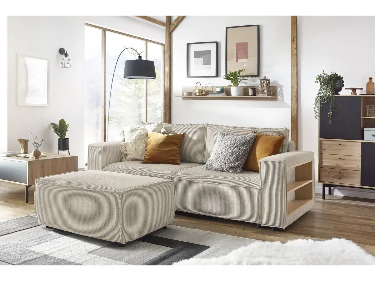 Canapé droit convertible coffre tablette NIHAD velours côtelé avec pouf beige   BOBOCHIC 3 places