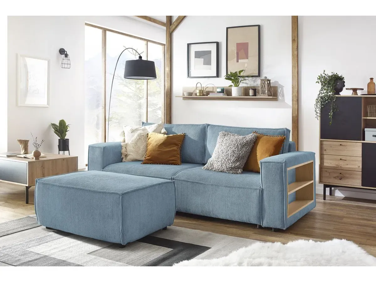 Canapé droit convertible coffre tablette NIHAD velours côtelé avec pouf bleu clair   BOBOCHIC 3 places