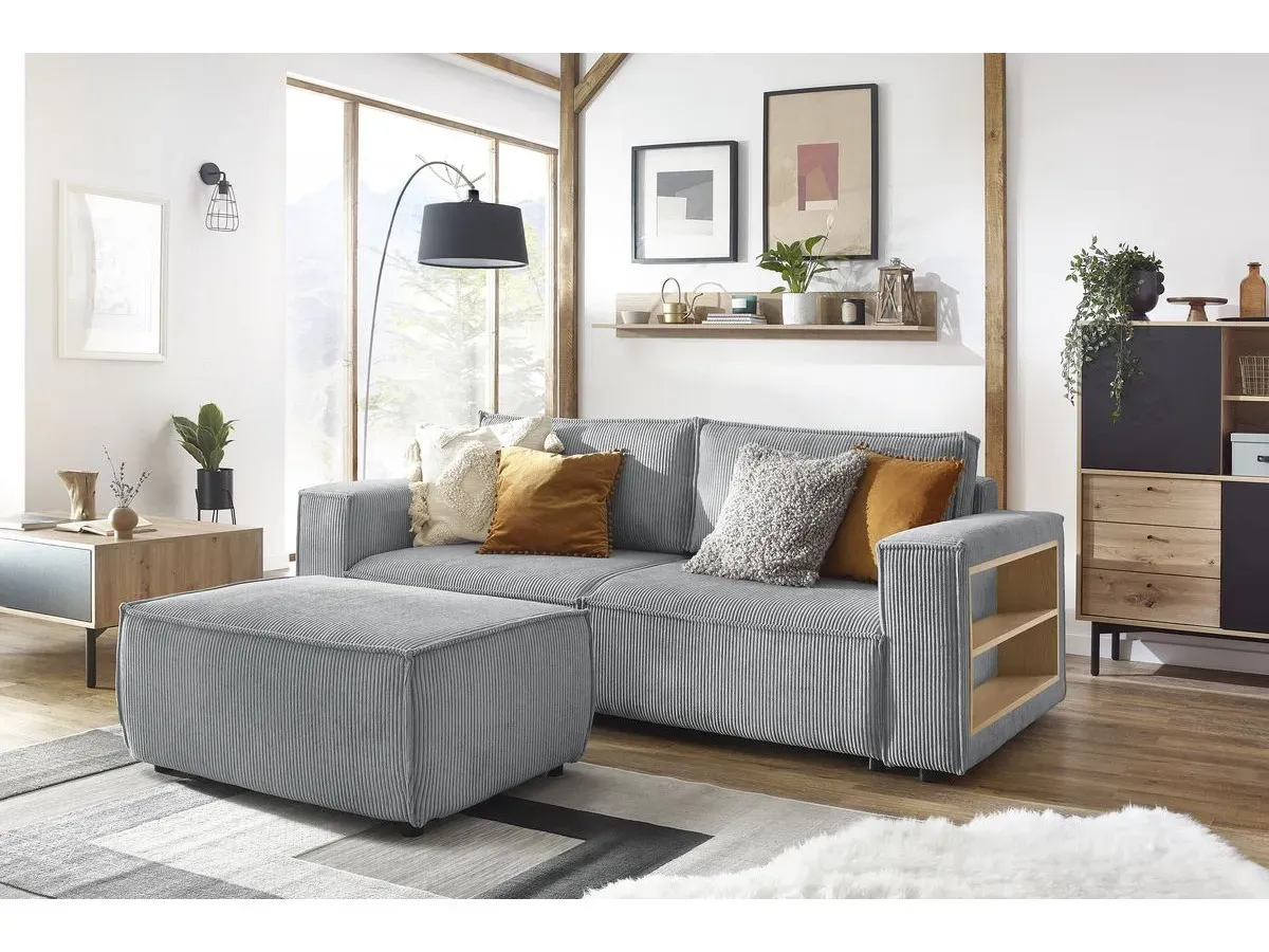 Canapé droit convertible coffre tablette NIHAD velours côtelé avec pouf gris clair   BOBOCHIC 3 places