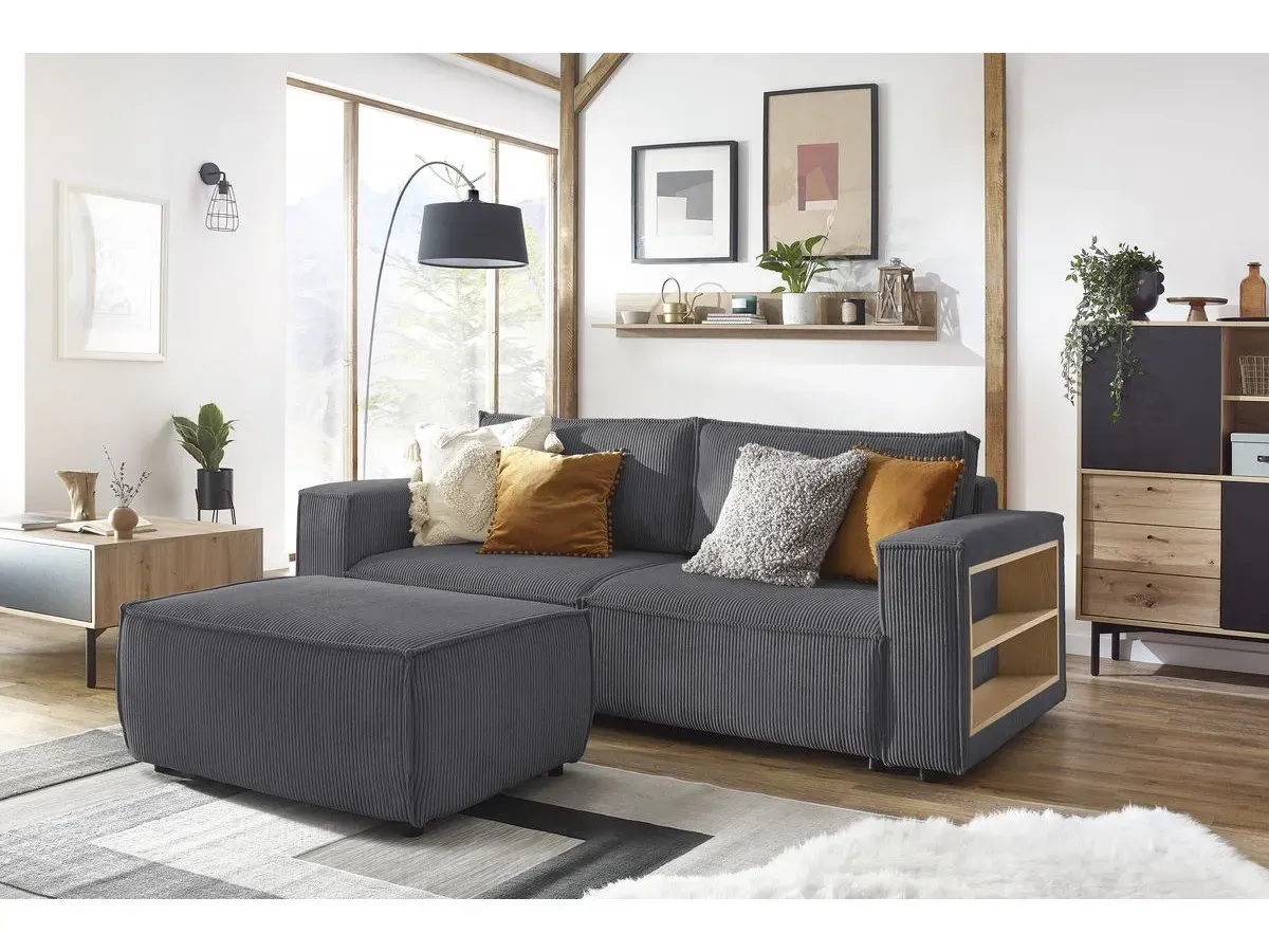 Canapé droit convertible coffre tablette NIHAD velours côtelé avec pouf gris foncé   BOBOCHIC 3 places