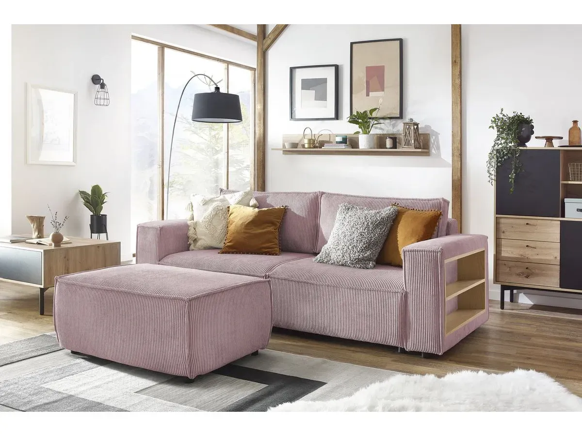 Canapé droit convertible coffre tablette NIHAD velours côtelé avec pouf violet   BOBOCHIC 3 places