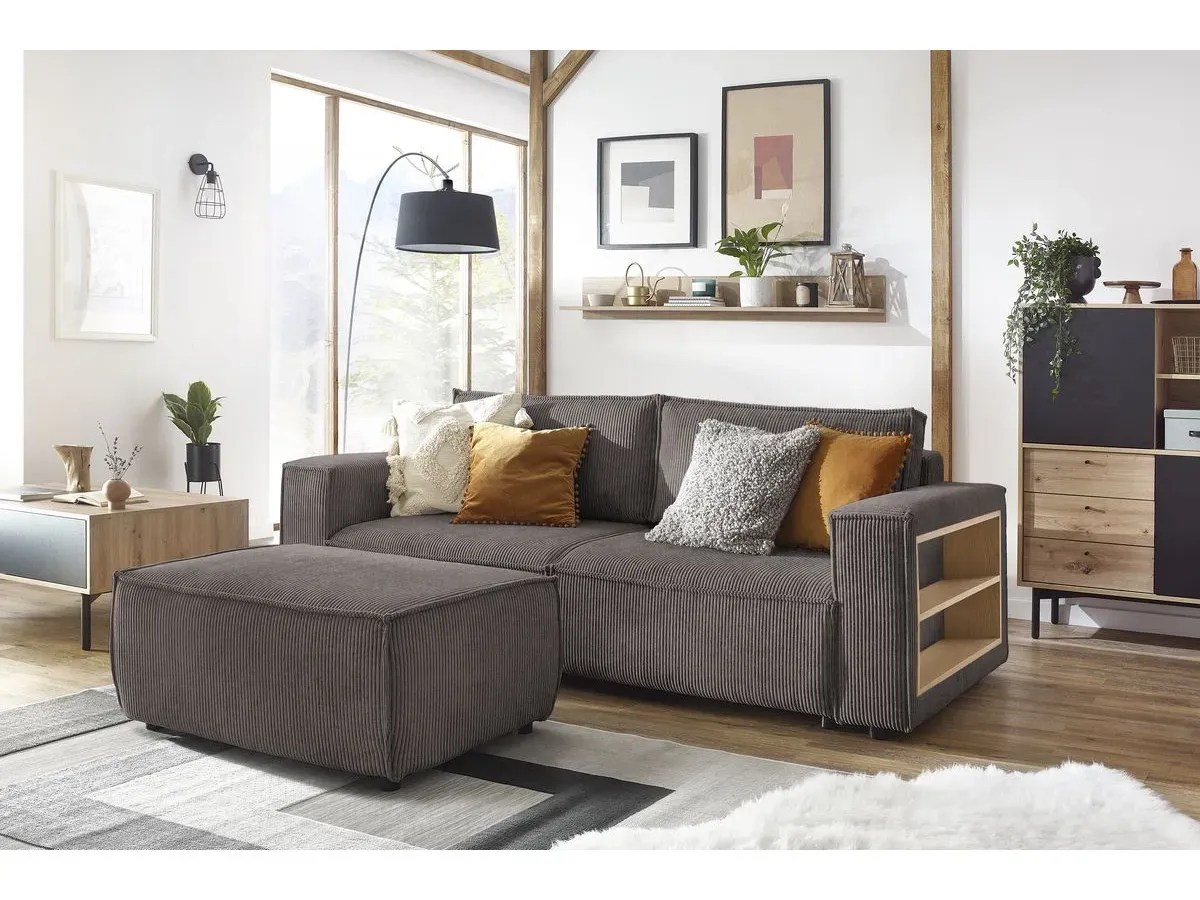 Canapé droit convertible coffre tablette NIHAD velours côtelé avec pouf marron   BOBOCHIC 3 places